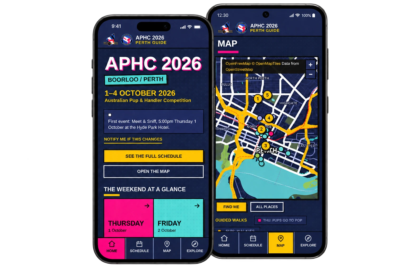 APHC 2026 Perth Guide on overlapping phones: the iPhone Home screen in front of the Samsung map screen.